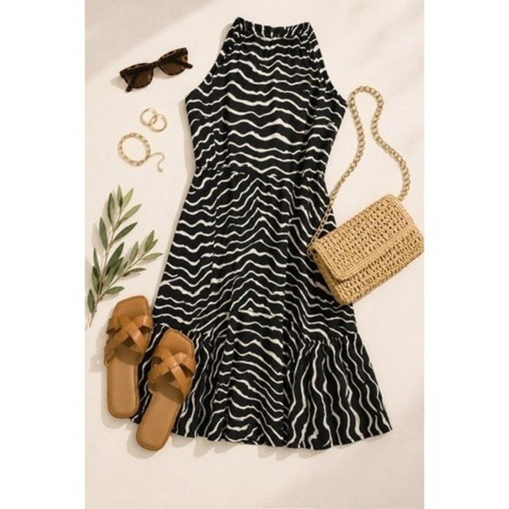 Who What Wear Women's Ruffle, Halter, Zebra Print, Midi Dress Size Large